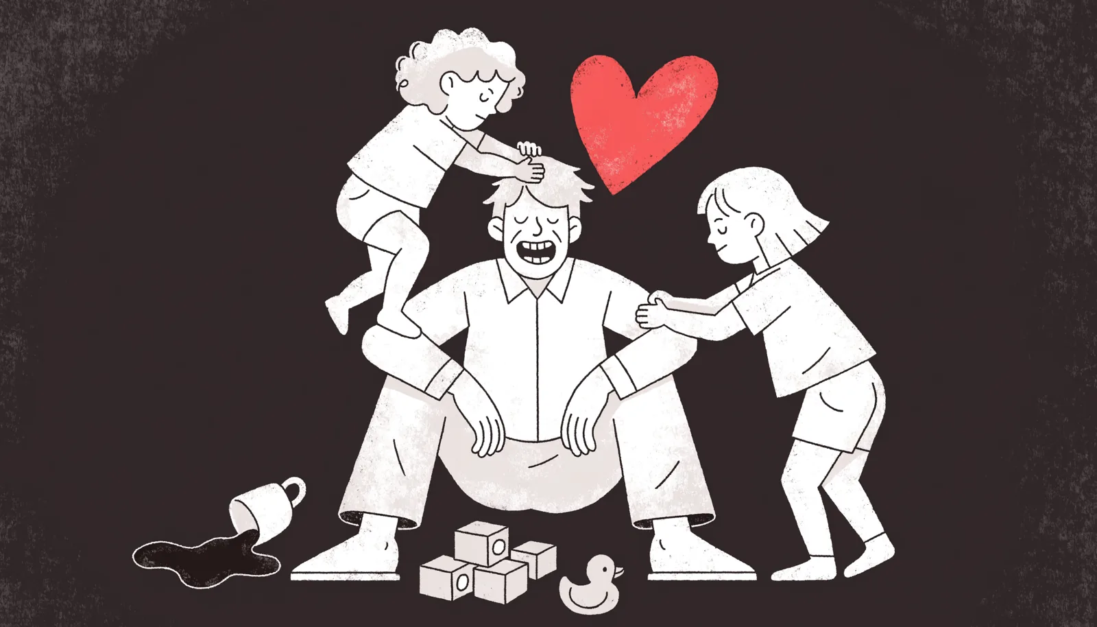 Dad life: grinning, exhausted dad in living-room chaos with his two daughters climbing on him