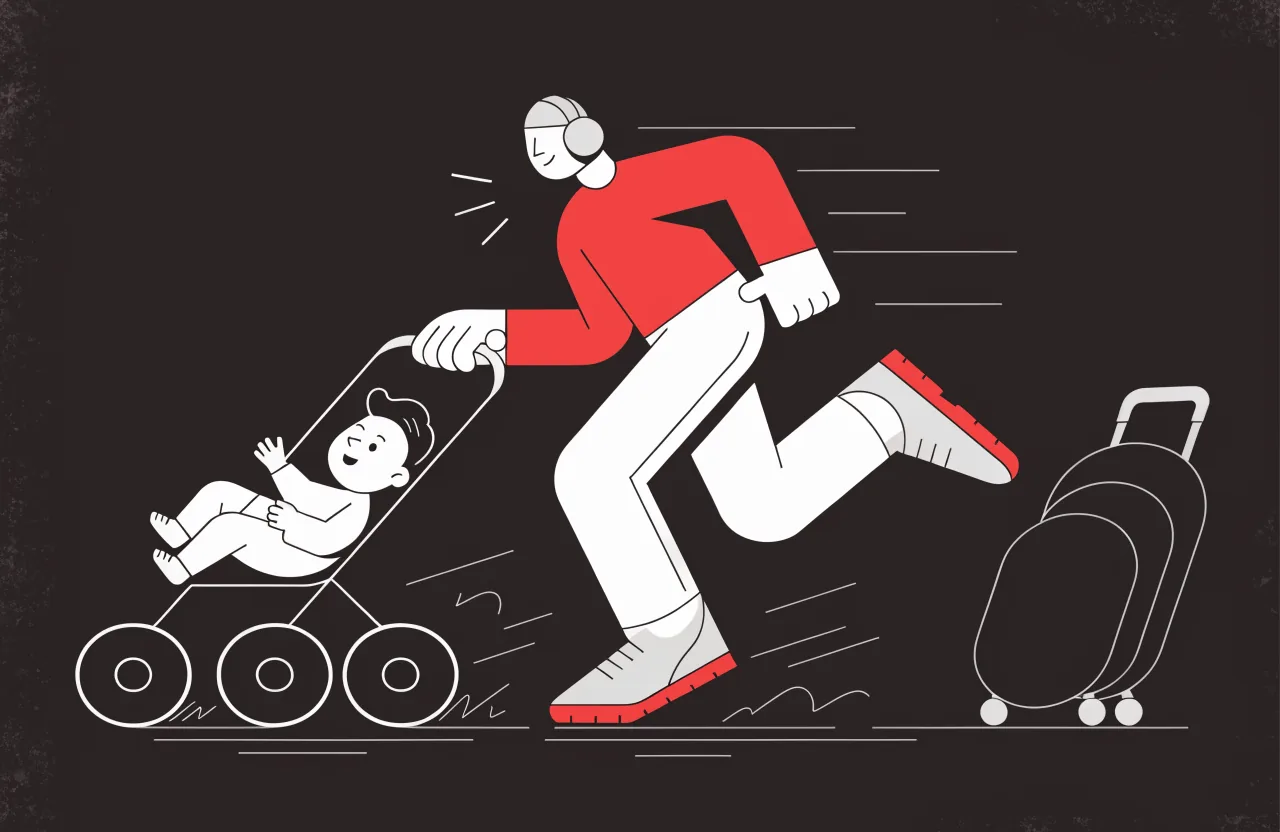 Jogging stroller vs regular stroller: winded dad running with a three-wheel jogger