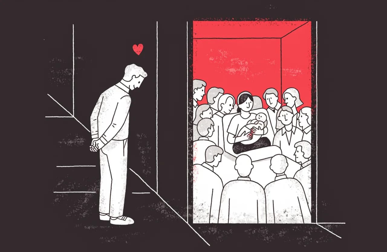Illustration of a dad standing alone in a hospital hallway while visitors crowd around mom and the new baby, a small red heart above his head