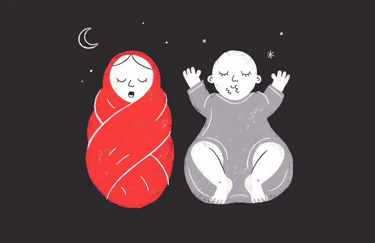 Sleep sack vs swaddle: one baby swaddled like a burrito, one sleeping in a sleep sack