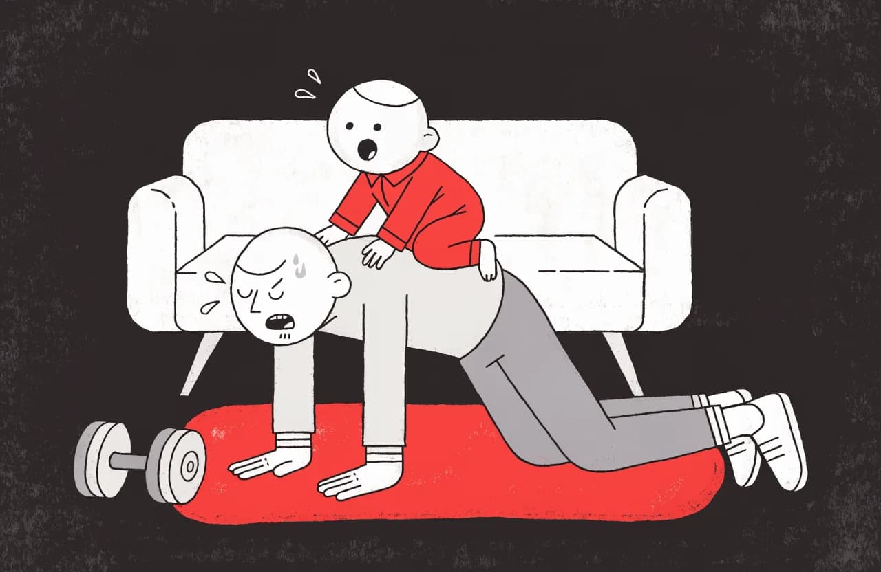 Dad fitness workout: push-ups with a toddler riding on his back